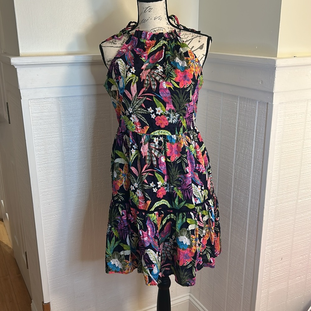 Crown & Ivy Tropical Flower and Parrot Print Halter Dress 100% cotton AOP XS